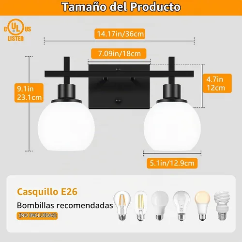 Vista 2 de Dpyrrhic Accesorios de Iluminación de Baño de 2 Luces Negro Sobre Espejo, Accesorios de Iluminación de Tocador Modernos, Luz de Tocador de Baño