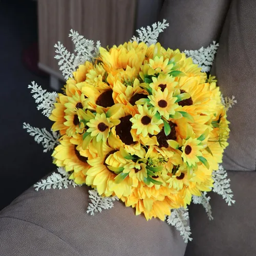 Vista 4 de Ramo de flores artificiales de girasol, ramos de boda románticos de 13.8 pulgadas para novia, dama de honor, ramas de girasol de seda para novia