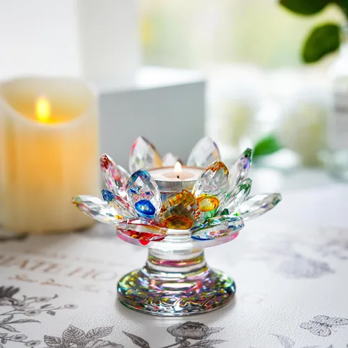 Vista 5 de H&D HYALINE & DORA Portavelas de loto de cristal multicolor (11.4 cm - Multi) K9 - Portavelas de loto de cristal para decoración del hogar, centro