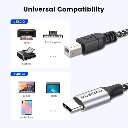 Vista 4 de MOSWAG Cable tipo C a USB B de 3.28 pies, cable de nailon trenzado USB C Midi cable escáner con conector de metal compatible con AiO, HP, Canon