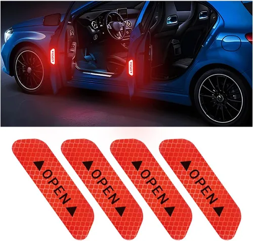 Vista 12 de 4 calcomanías reflectantes de advertencia de apertura para puerta de automóvil, calcomanías de aviso de seguridad automática con visibilidad