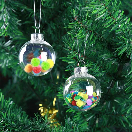 Vista 5 de DULRLLY 12 bolas de Navidad transparentes, 2.4 pulgadas, bolas de adorno de plástico transparente rellenables con una cuerda plateada y tapa