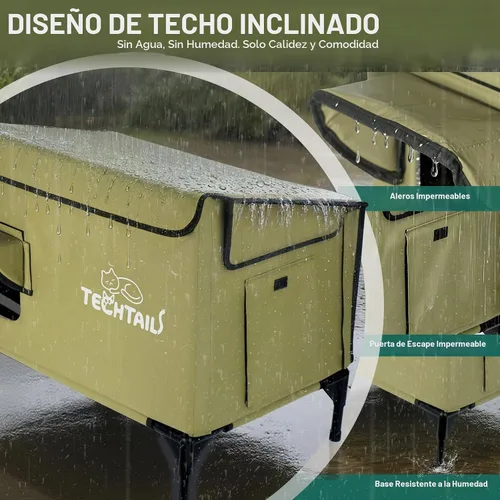 Vista 5 de Gran casa para gatos al aire libre con calefacción para invierno, refugio para gatos aislado resistente a la intemperie con techo inclinado, puerta