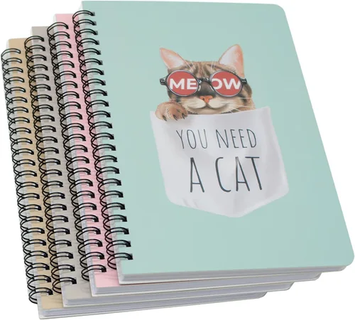 Vista 9 de Yansanido Cuaderno de espiral, 4 piezas A5 de tapa dura gruesa con diseño de gato, 0.315 in, 4 colores, 80 hojas, 160 páginas para estudio y notas
