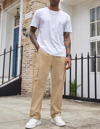 Vista 8 de COOFANDY Pantalones cargo casuales para hombre, pantalones deportivos de algodón con cordón