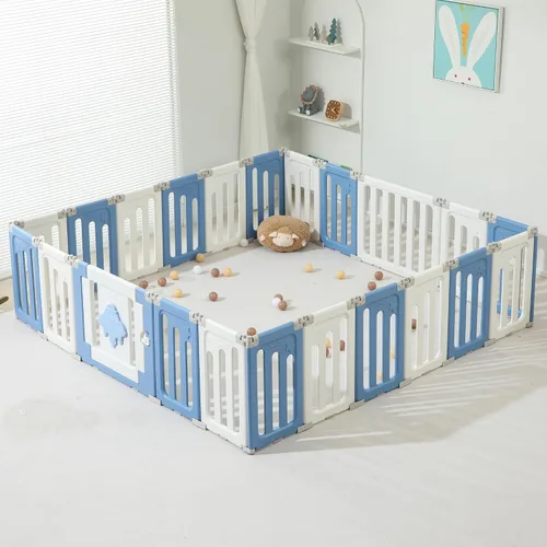 Vista 12 de Bestgame - Corralito para bebés - 14 paneles extragrandes plegables para niños pequeños, valla portátil en forma de OVNI, puerta, patio - Azul