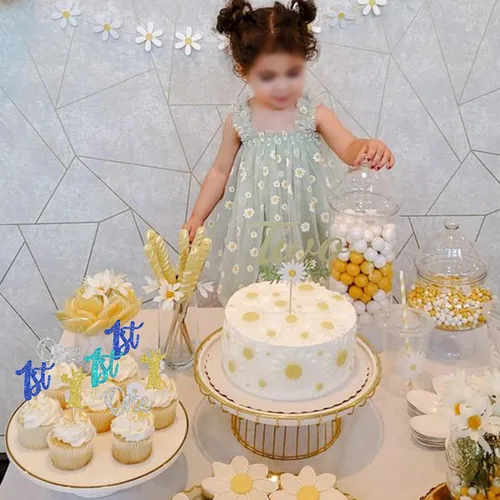 Vista 4 de Paquete de 24 adornos para cupcakes de un cumpleaños, con purpurina para el primer cumpleaños, coronas, decoraciones de pastel feliz para el primer