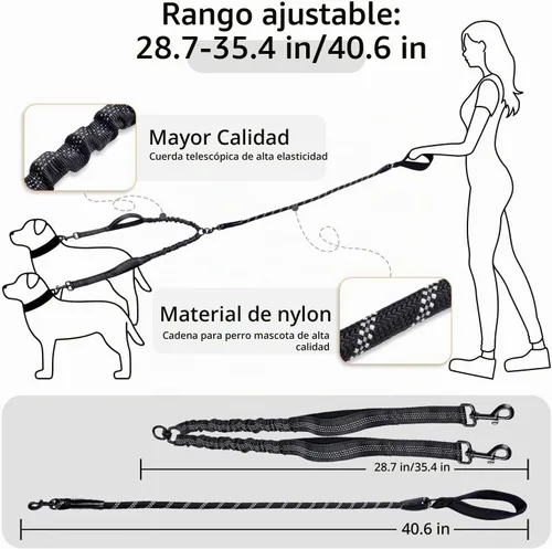 Vista 4 de Correa doble para perro, 18 ~ 120 libras, sin enredos con asas acolchadas