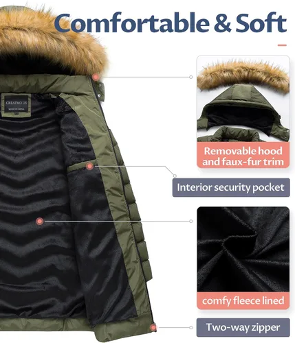 Vista 3 de CREATMO US Abrigo de invierno con capucha para mujer, impermeable, cálido, largo acolchado, parka