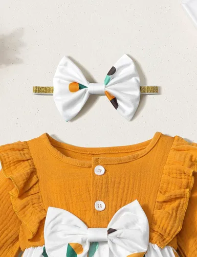 Vista 6 de Ropa de bebé niña con volantes de manga larga de algodón y lino con botón + diadema 2 piezas de otoño para bebé niña