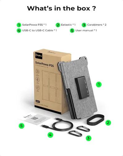 Vista 8 de Cargador de panel solar portátil BigBlue de 35W con carga rápida USB-A y USB-C PD de 25W para acampar, mochila, 0.7 kg, resistente al agua IP68