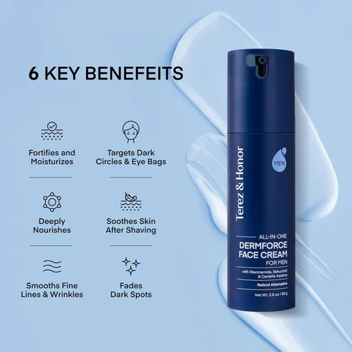 Vista 3 de TEREZ & HONOR Crema facial 6 en 1 para hombres: Crema hidratante antienvejecimiento coreana DermForce con niacinamida, bakuchiol y 5-CICA - Hidrata