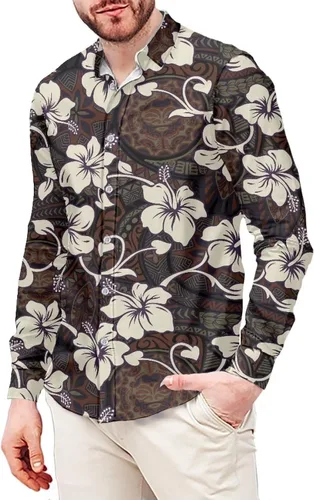 Vista 22 de Camisa polinesia con botones para hombre, Aloha Samoan, patrón tradicional, manga larga, camisa hawaiana para hombre, talla grande, casual