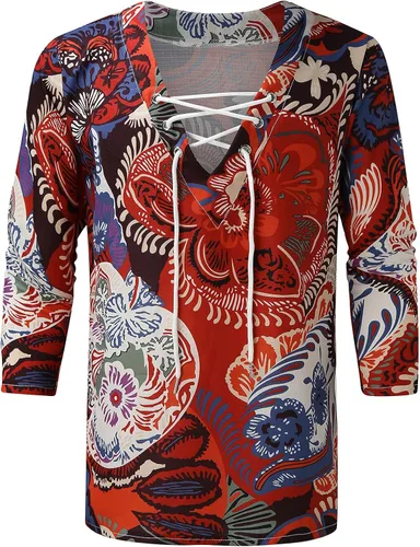 Vista 3 de FUNEY Camisas florales elegantes para hombre étnicas casuales con botones y manga corta hawaianas camisa casual de verano para vacaciones
