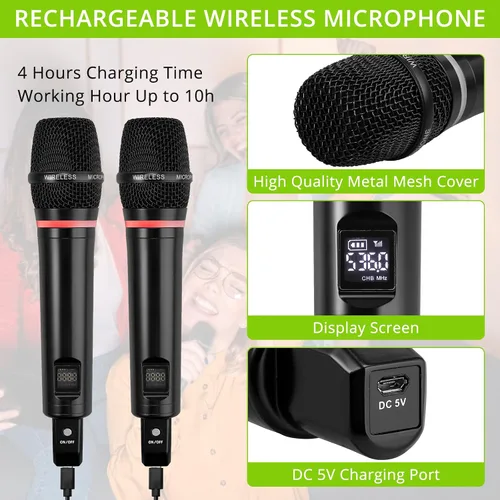 Vista 3 de LiNKFOR UHF - Sistema de micrófono recargable de mano, micrófono inalámbrico dual de metal con Bluetooth, entrada/salida RCA, salida de 0.250 in