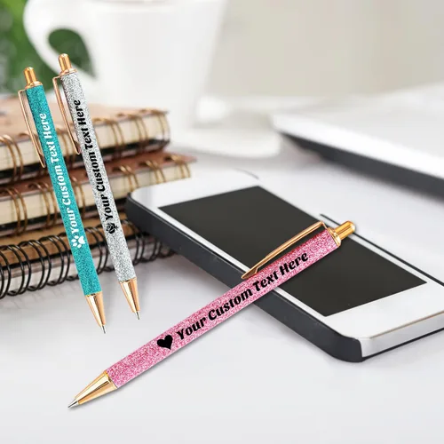 Vista 6 de 10 bolígrafos personalizados con purpurina, bolígrafos impresos personalizados a granel, bolígrafos retráctiles de tinta negra para graduación
