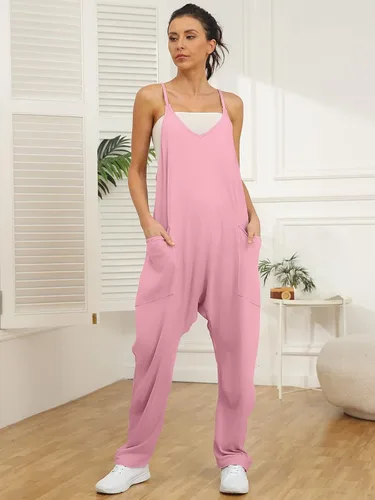 Vista 3 de AUTOMET Overol casual de verano para mujer, sin mangas, holgado, tirantes delgados, overoles holgados con bolsillos 2023