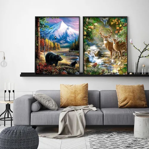 Vista 3 de Mowana Kits de arte de diamantes para adultos, paquete de 2 kits de pintura de diamantes de vida silvestre 5D sobre lienzo, paisaje de bosque