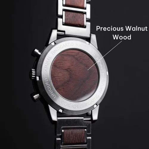 Vista 3 de HOLZKERN Oscar - Reloj para hombre, esfera azul de 1.654 pulgadas, acero inoxidable plateado y correa de madera de nogal, reloj casual para hombre