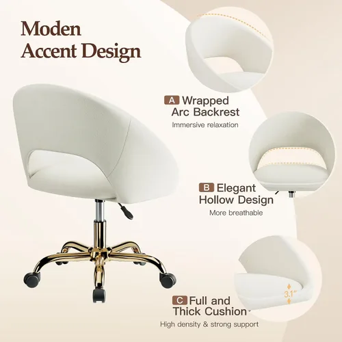 Vista 5 de Silla de tocador con ruedas (grande), silla de oficina en casa chapada en titanio dorado, 300 libras, moderna silla giratoria de terciopelo