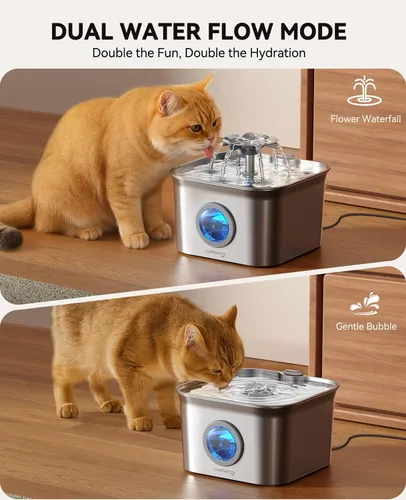 Vista 6 de Fuente de agua para gatos de acero inoxidable, 2.8 L con bomba ultra silenciosa de 20 dB, ideal para mascotas tímidas, ventana LED de nivel de agua