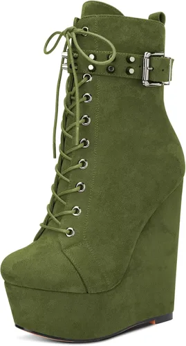 Vista 12 de HDEUOLM Botas de tobillo con tacón de plataforma de cuña alta para mujer, botines cortos con cordones y cremallera Negro