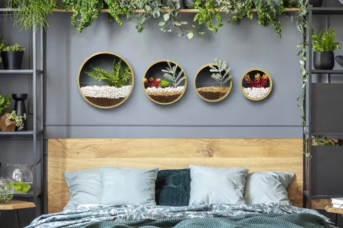 Vista 5 de Paquete de 4 macetas redondas de pared colgantes de metal, soportes circulares para plantas, jarrón de hierro circular contemporáneo para suculentas