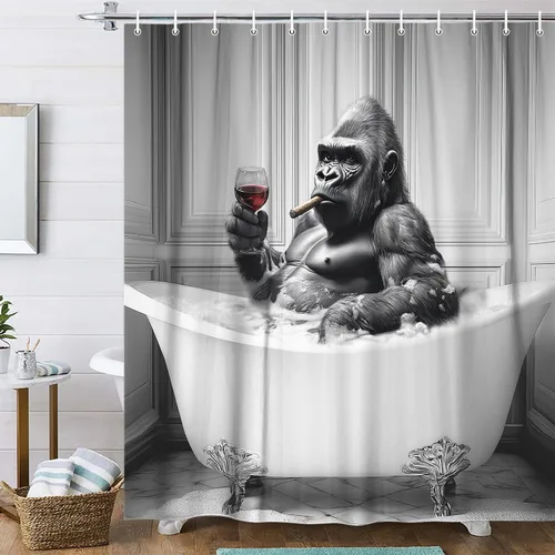 Vista 18 de Divertida cortina de ducha con diseño de gato con gorila en la selva, decoración de baño de animales humorísticos en blanco y negro, juego
