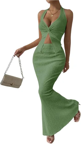 Vista 39 de SOLY HUX - Conjunto de dos piezas de verano para mujer, con parte superior tipo camisola con cuello halter, nudo frontal y falda marrón (Plain Brown)