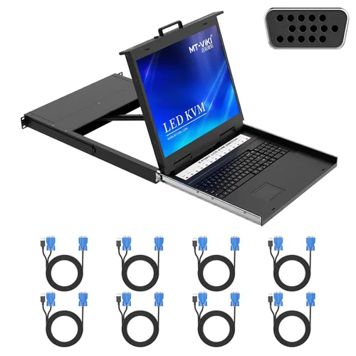 Vista 10 de MT-VIKI Conmutador KVM para rack con monitor LCD de 17 pulgadas, conmutador KVM VGA de 16 puertos con monitor táctil de teclado, apto para rack