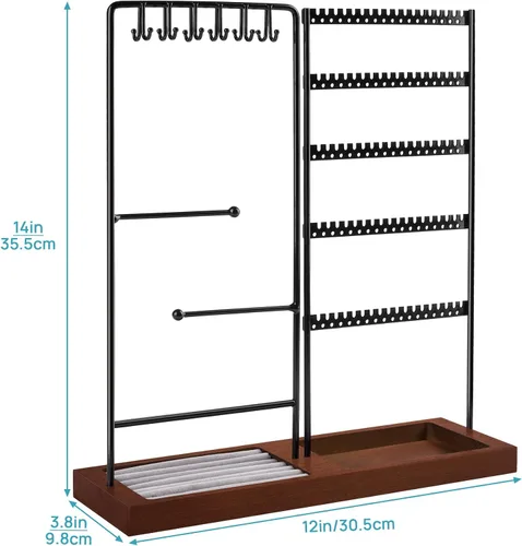 Vista 4 de Vtopmart Soporte organizador de joyas para aretes, collares, anillos, pulseras, exhibición y almacenamiento, con 90 agujeros, 12 ganchos, negro +