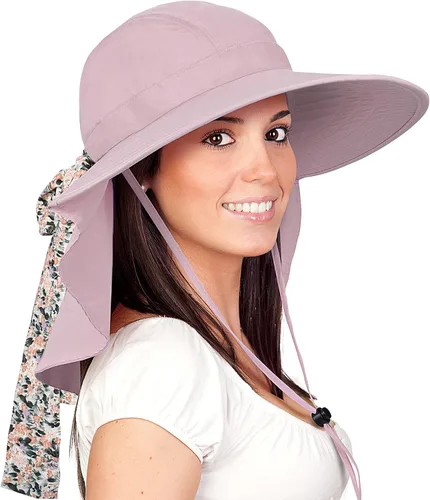 Vista 12 de Solaris UPF 50+ Gorro de ala ancha para mujer - Tamaño pequeño, ligero y plegable, gorro floral refrescante con solapa para el cuello