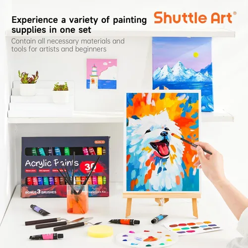 Vista 8 de Shuttle Art Juego de 54 pinturas acrílicas, juego de pintura acrílica con pintura acrílica de 30 colores, caballete de madera, lienzo de pintura