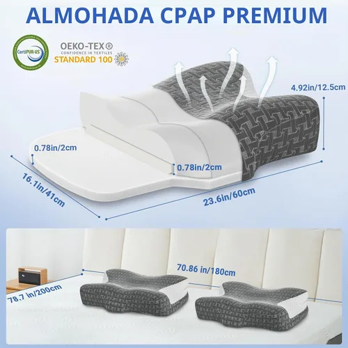 Vista 7 de Elviros Paquete de 2 almohadas CPAP para personas que duermen boca arriba y Gris carbón