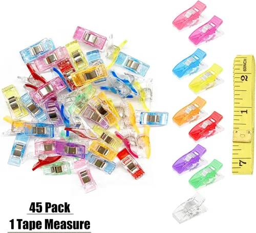 Vista 2 de Paquete de 45 clips de costura multiusos para acolchar y manualidades, suministros de costura para encuadernar. Colores surtidos y 1 cinta métrica