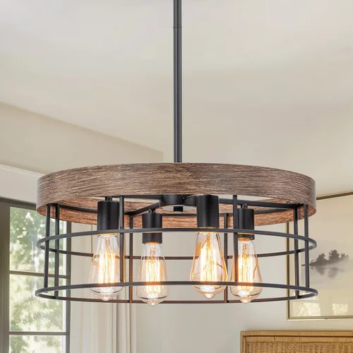 Vista 12 de Candelabro industrial de granja de 19.7 pulgadas, 4 luces, estilo rústico, con textura de grano de madera y pantalla de metal negro para comedor