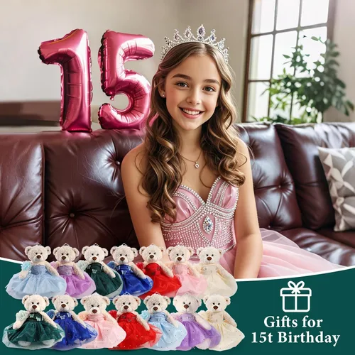 Vista 7 de Muñeca de quinceañera con vestido de membrillo con vestido, decoraciones de quinceañera, regalos de decoración de quinceañera, OSO de peluche