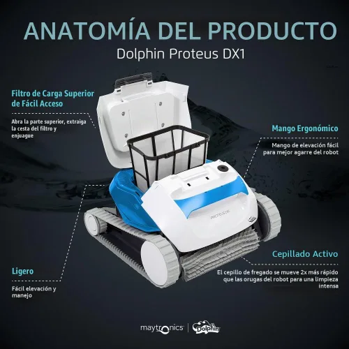 Vista 8 de Dolphin Proteus DX1 - Aspiradora robótica automática para piscinas, cepillo de limpieza activo, acceso a filtros de carga superior, ideal