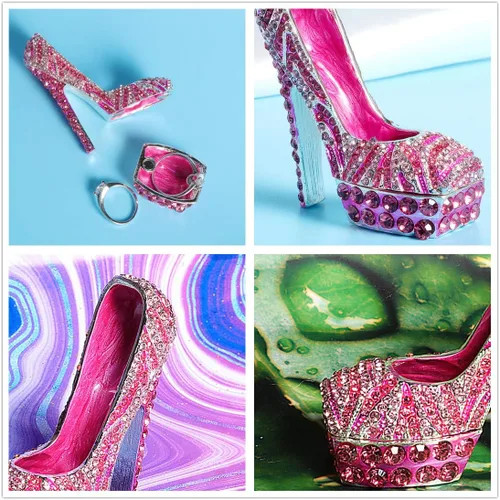 Vista 3 de Waltz&F Caja de baratija con bisagras pintada a mano pintada a mano con tacones altos y diamantes rosados, soporte para anillo coleccionable