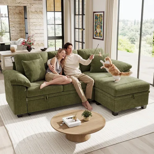 Vista 2 de Ihanherry Sofá modular de 86 pulgadas con cama extraíble, sofá cama modular en forma de L de 4 plazas con otomana de almacenamiento, sofás Verde