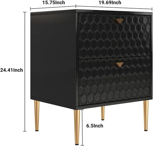 Vista 2 de Mesita de noche con 2 cajones, moderna mesita de noche con pomos de latón para sala de estar, dormitorio (negro)