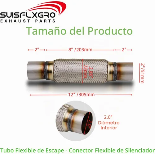 Vista 4 de Tubo Flexible de Escape SUISFLXGRO Universal Tipo 100% Acero Inoxidable Para Carga Pesada y Autos (1 PC, 2X8X12)
