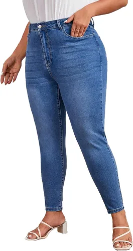 Vista 9 de KISSPLUS Pantalones de mezclilla ajustados de talla grande para mujer, cintura alta, lápiz de cintura alta, elásticos, pantalones de mezclilla