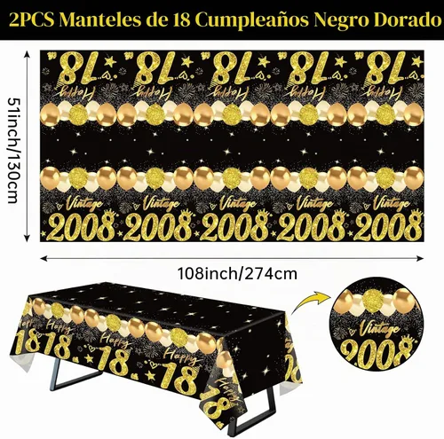 Vista 2 de Uiorgui 2 piezas mantel de cumpleaños número 18, mantel de cumpleaños número 18 negro dorado para niños y niñas, mantel de plástico rectangular
