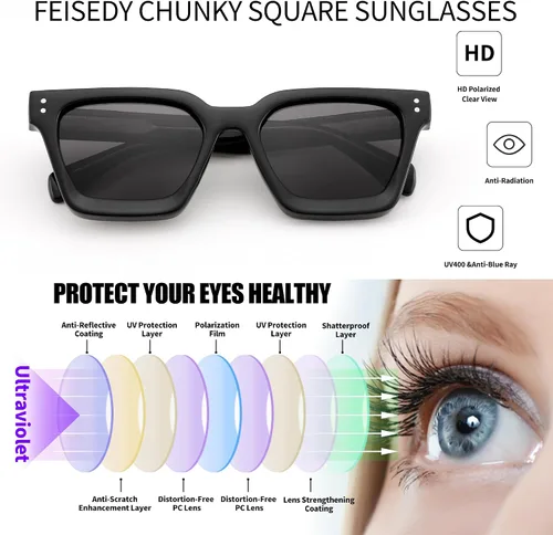 Vista 5 de FEISEDY Gafas de sol polarizadas para hombre y mujer, marco grueso cuadrado, rectangular, UV400, gafas de sol B2396