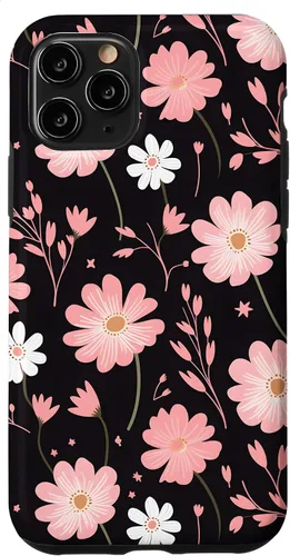 Vista 10 de iPhone 14 elegante flores rosas sobre un fondo negro patrón floral caso