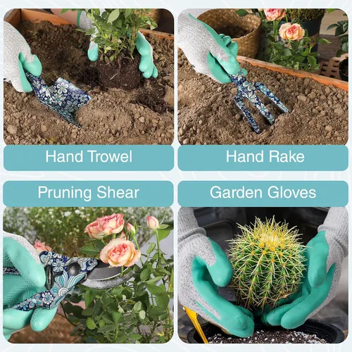 Vista 3 de WORKPRO Juego de herramientas de jardín de aluminio, 4 piezas de herramientas de jardín de mano resistentes con caja que incluye paleta, rastrillo