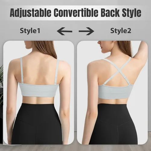 Vista 4 de VEQKING Sujetador deportivo para mujer, tirantes delgados ajustables, cuello cuadrado, sin costuras, para entrenamiento, yoga, bralette con copas