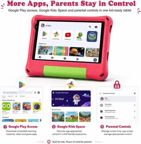 Vista 4 de Tableta para niños de 8 pulgadas, Android 15, Octa-Core 12 GB de RAM + 64 GB de ROM, tableta para niños pequeños con WiFi 6, control parental Rojo