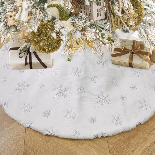 Vista 14 de Falda de árbol de copos de nieve de oro rosa de 24 pulgadas, faldas de árbol de piel sintética blanca, mini faldas de árbol de Navidad, tapete